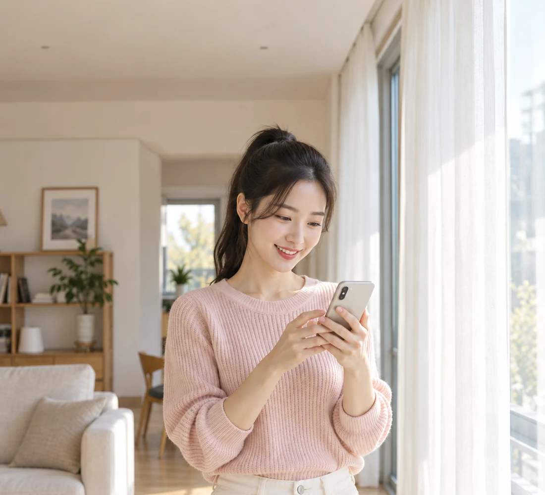 밝은 상담실에서 휴대전화로 문자 상담을 하며 웃는 고객